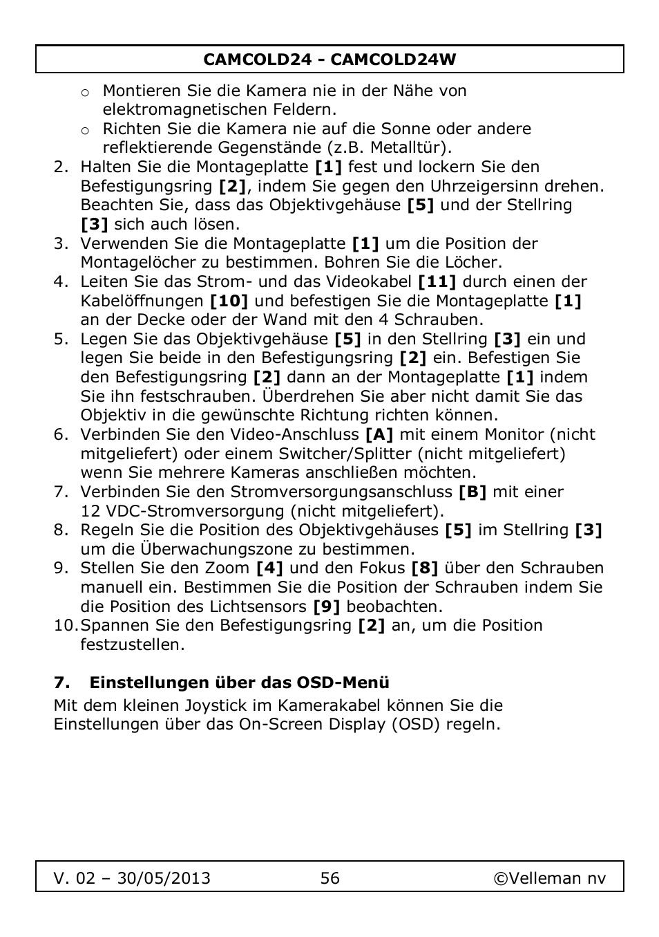 Einstellungen über das osd-menü | Velleman CAMCOLD24 User Manual | Page 56 / 71