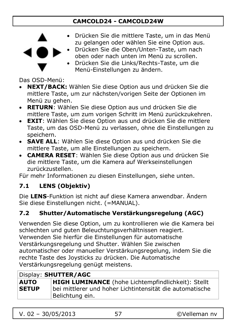 1 lens (objektiv), 2 shutter/automatische verstärkungsregelung (agc) | Velleman CAMCOLD24 User Manual | Page 57 / 71