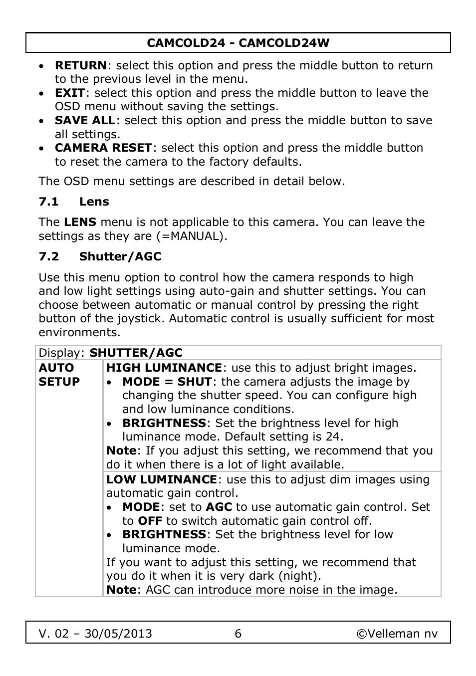 1 lens, 2 shutter/agc | Velleman CAMCOLD24 User Manual | Page 6 / 71