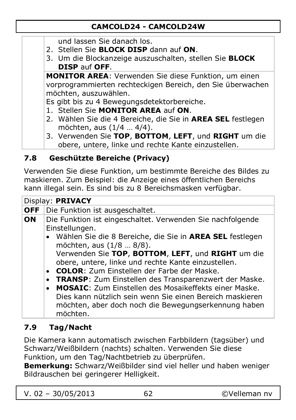 8 geschützte bereiche (privacy), 9 tag/nacht | Velleman CAMCOLD24 User Manual | Page 62 / 71