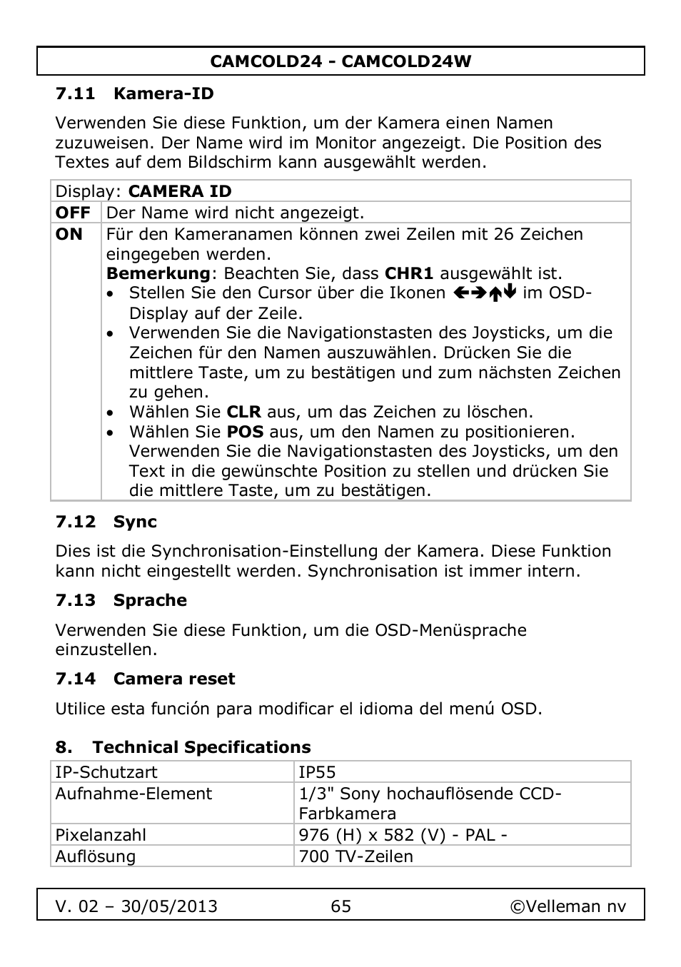 11 kamera-id, 12 sync, 13 sprache | 14 camera reset, Technical specifications | Velleman CAMCOLD24 User Manual | Page 65 / 71