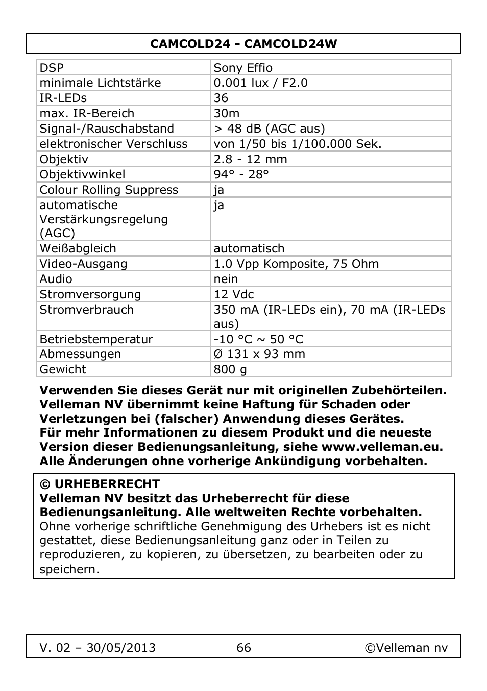 Warranty - garantie - garantia | Velleman CAMCOLD24 User Manual | Page 66 / 71
