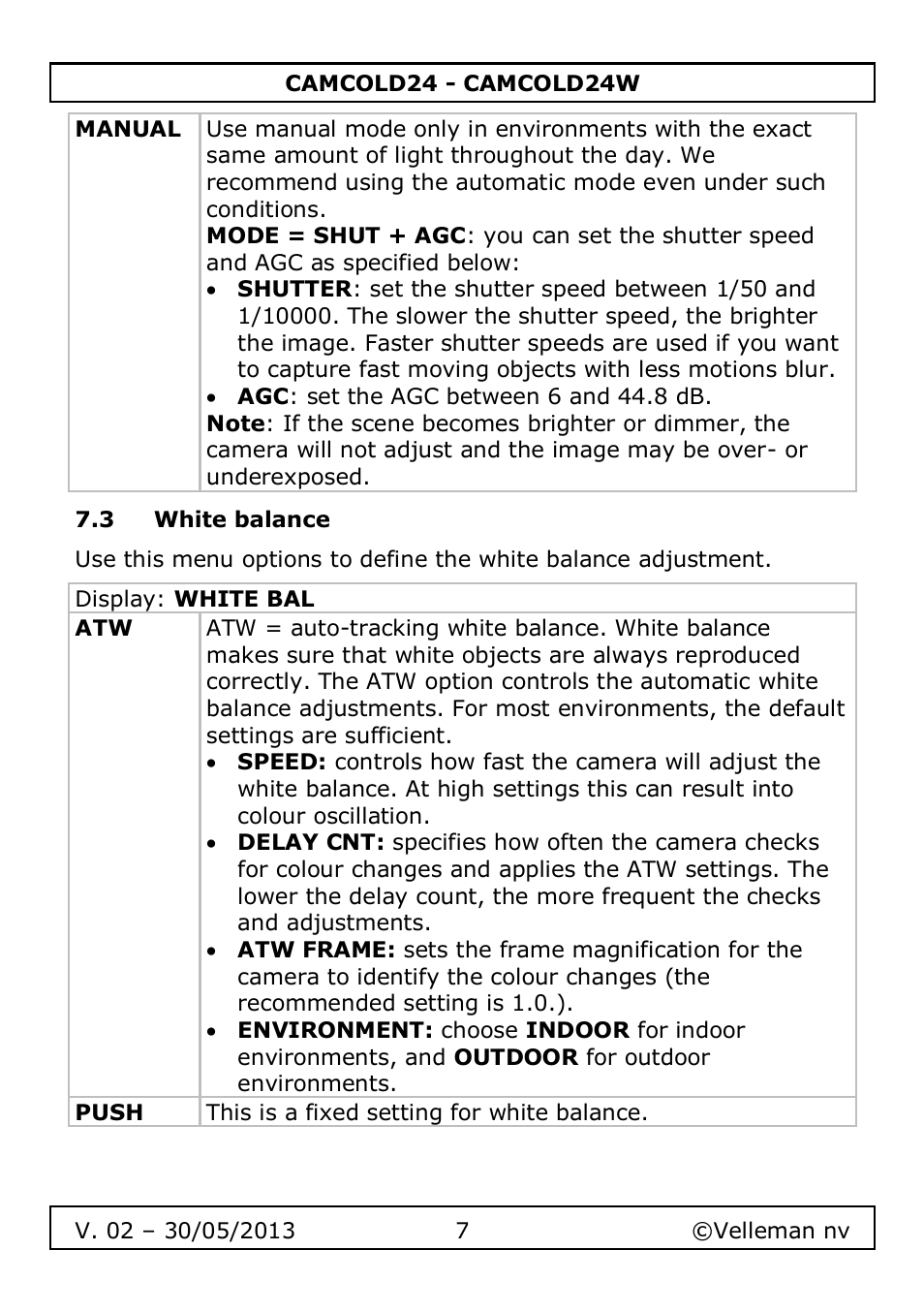 3 white balance | Velleman CAMCOLD24 User Manual | Page 7 / 71