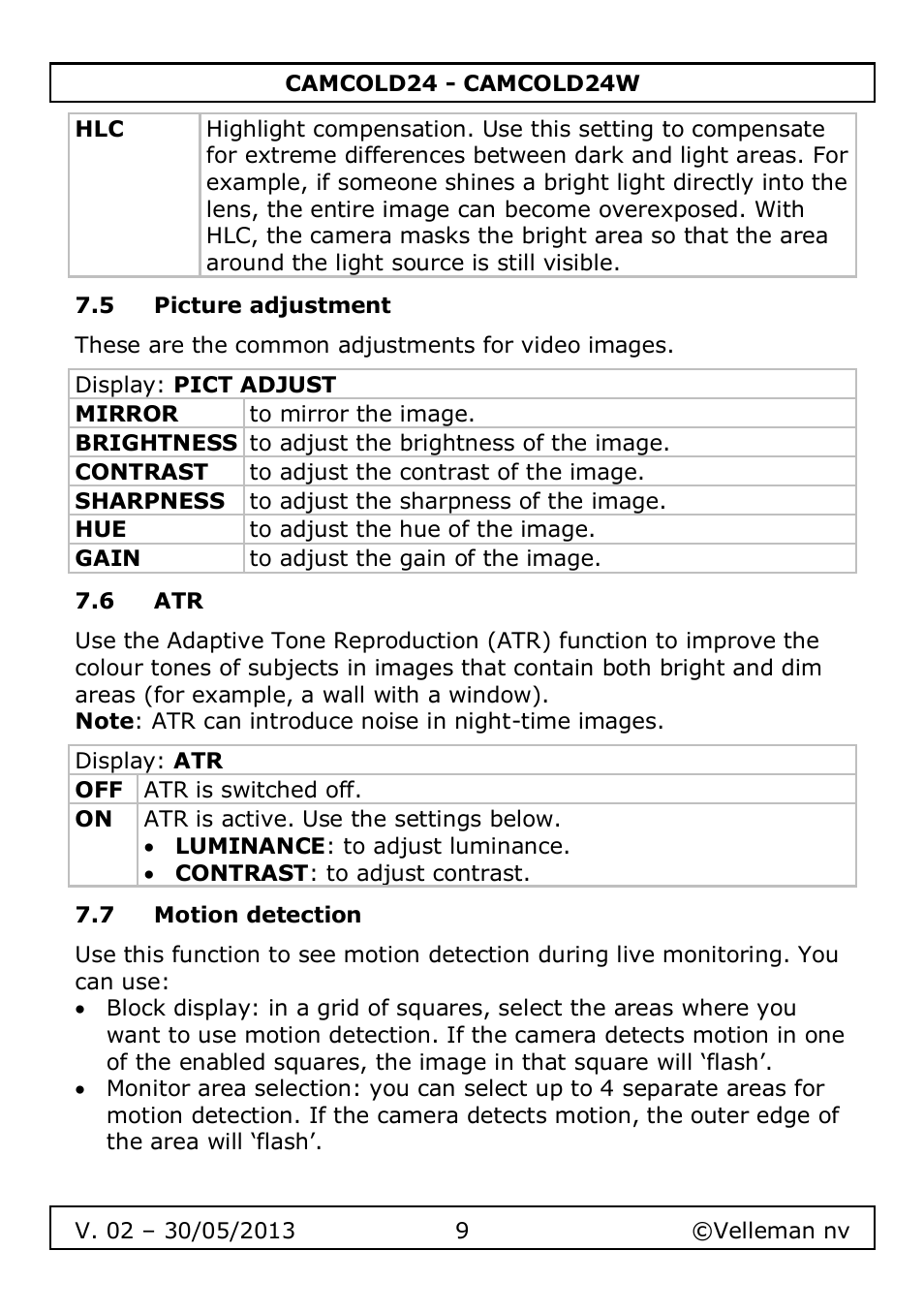 5 picture adjustment, 6 atr, 7 motion detection | Velleman CAMCOLD24 User Manual | Page 9 / 71