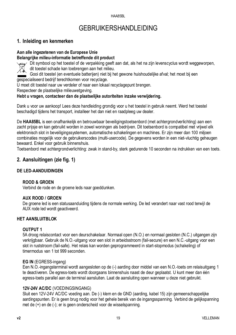 Gebruikershandleiding, Inleiding en kenmerken, Aansluitingen (zie fig. 1) | Velleman HAA85BL User Manual | Page 19 / 84