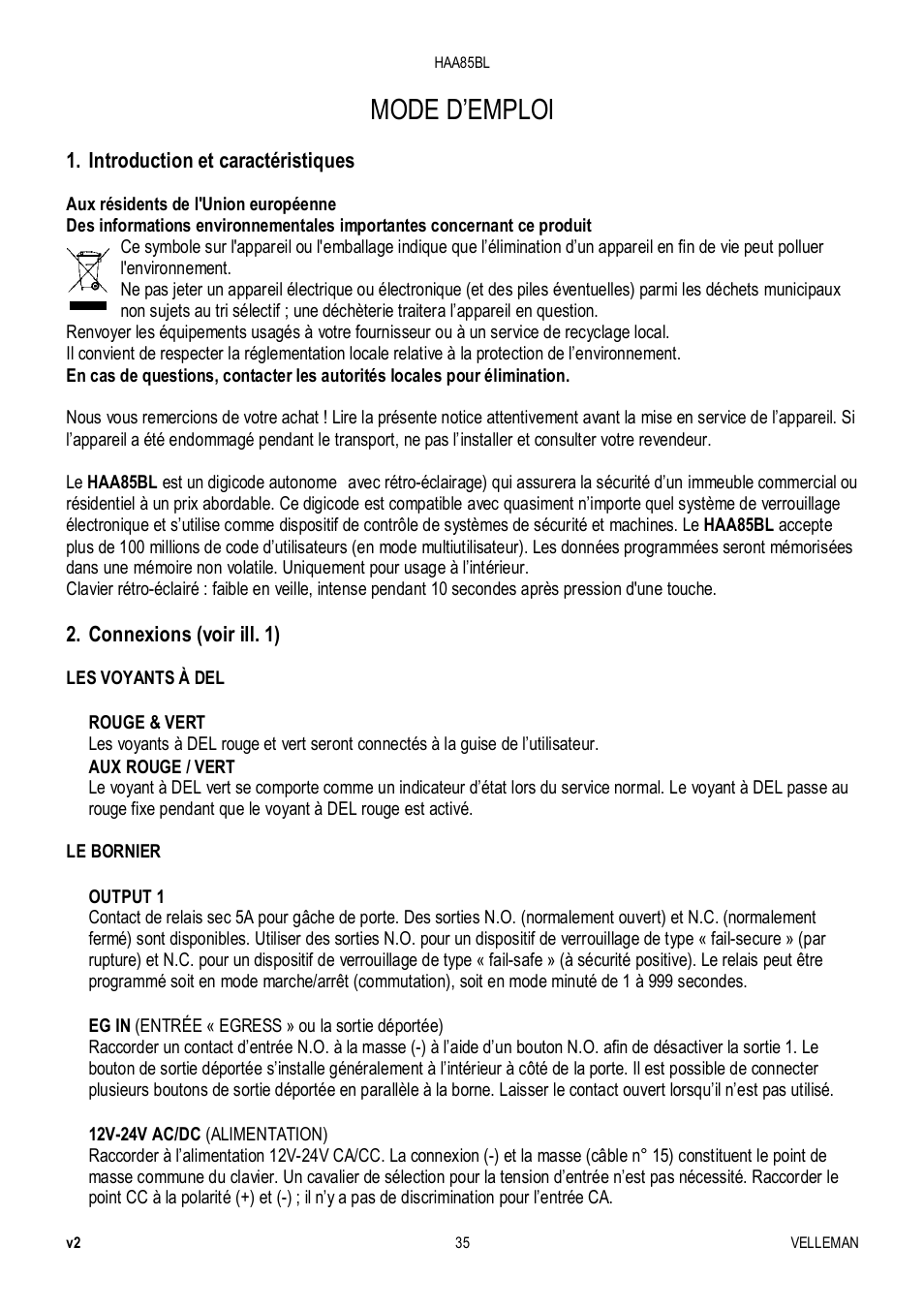 Mode d’emploi | Velleman HAA85BL User Manual | Page 35 / 84