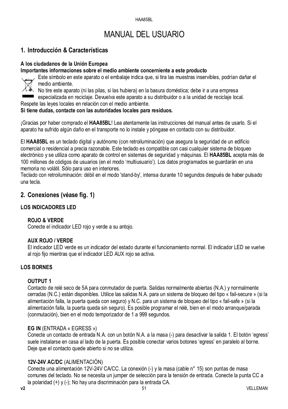 Manual del usuario | Velleman HAA85BL User Manual | Page 51 / 84