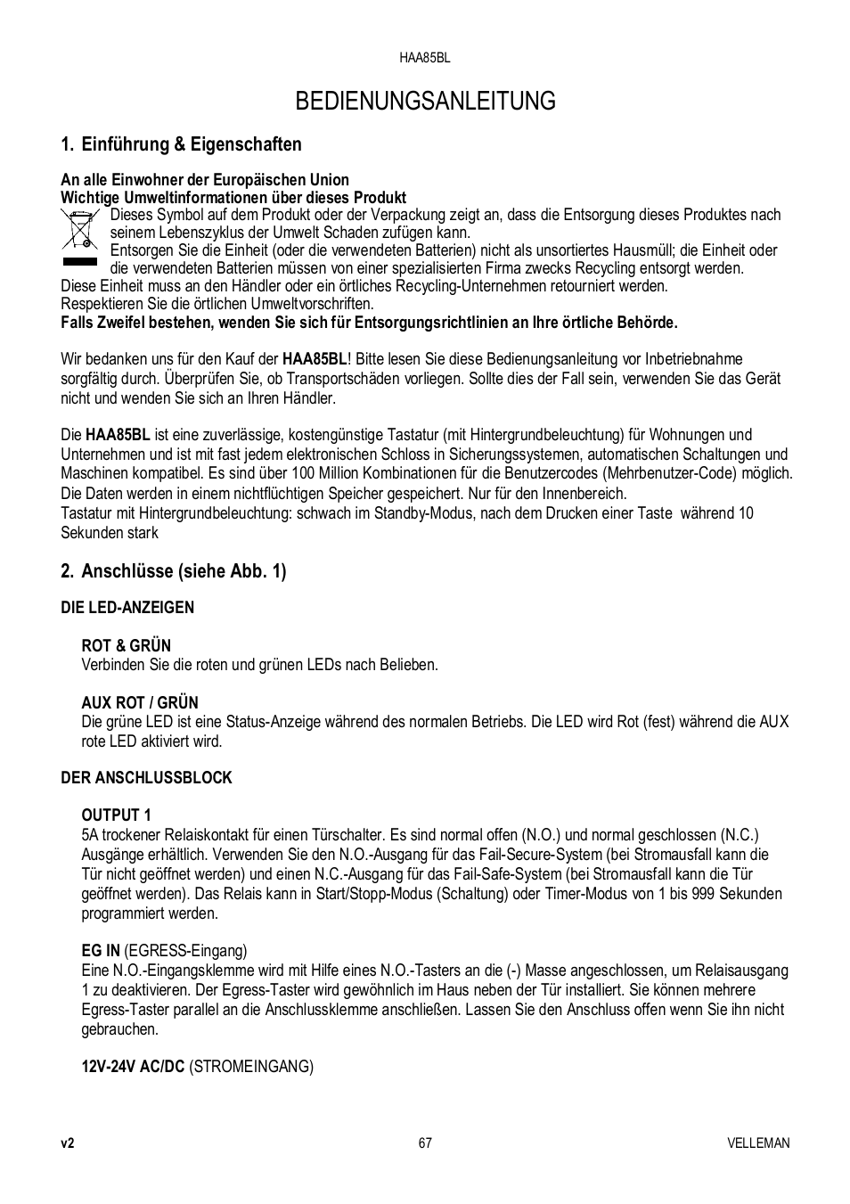 Bedienungsanleitung, Einführung & eigenschaften, Anschlüsse (siehe abb. 1) | Velleman HAA85BL User Manual | Page 67 / 84