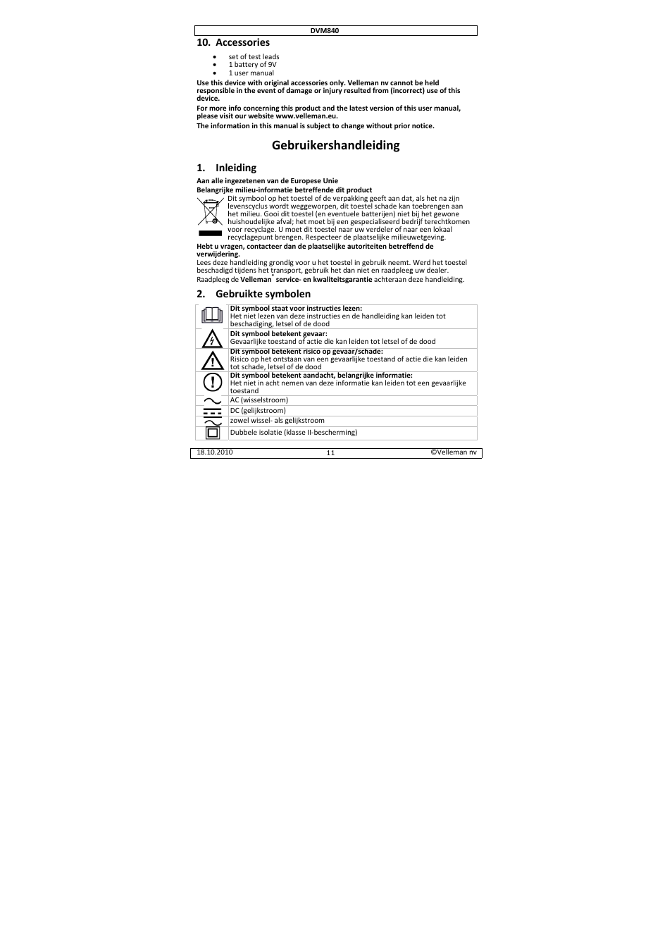 Bruikershan, Ndleiding, Inle | Cessories, Eiding, Bruikte symb, Bolen | Velleman DVM840 User Manual | Page 11 / 49