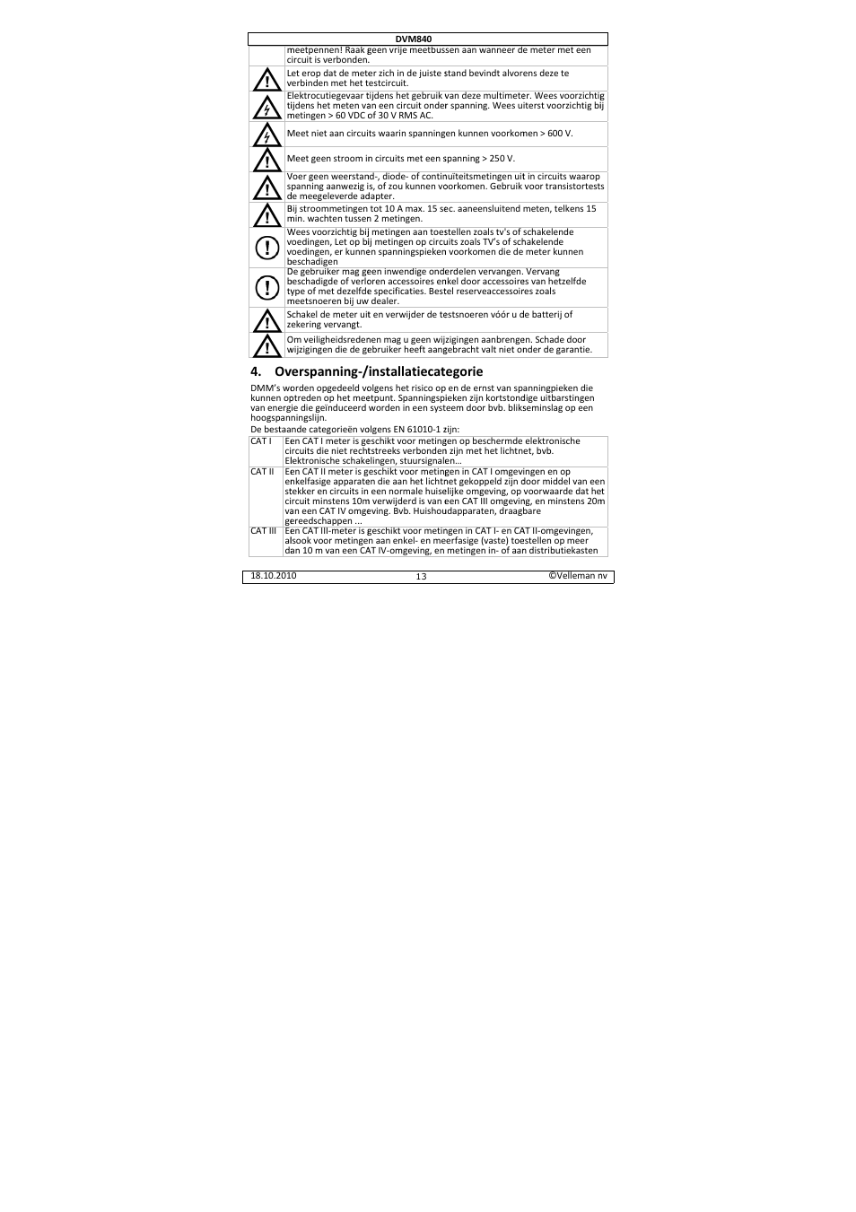 Verspanning, Installatiecat, Egorie | Velleman DVM840 User Manual | Page 13 / 49