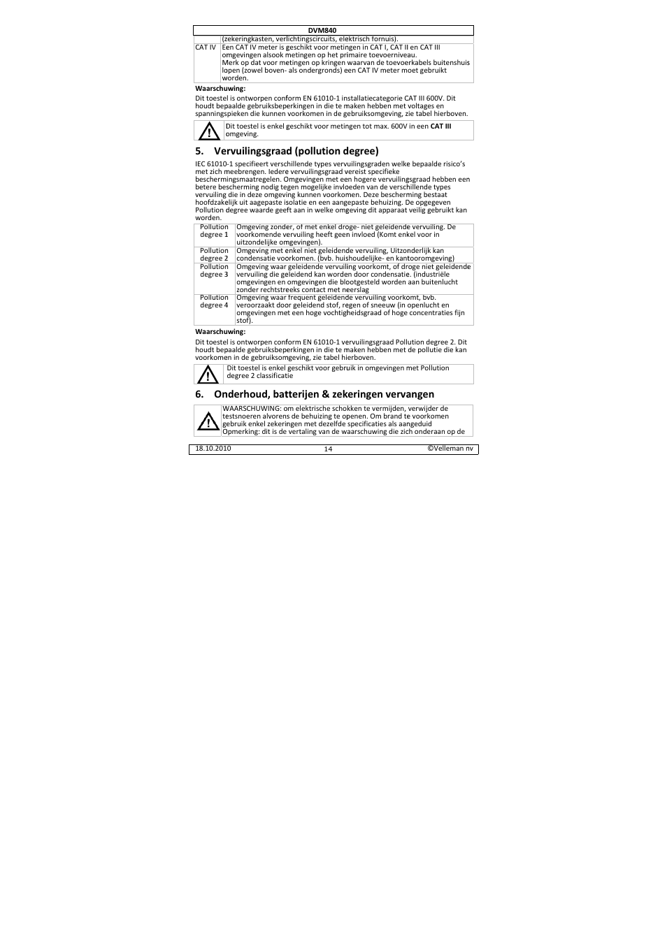 Rvuilingsgraad, Nderhoud, bat, D (pollution d | Tterijen & zek, Degree), Keringen verva, Angen | Velleman DVM840 User Manual | Page 14 / 49