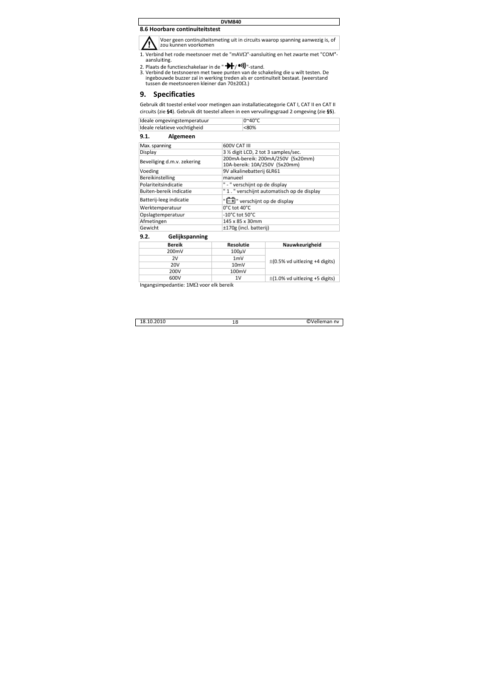 Ecificaties | Velleman DVM840 User Manual | Page 18 / 49