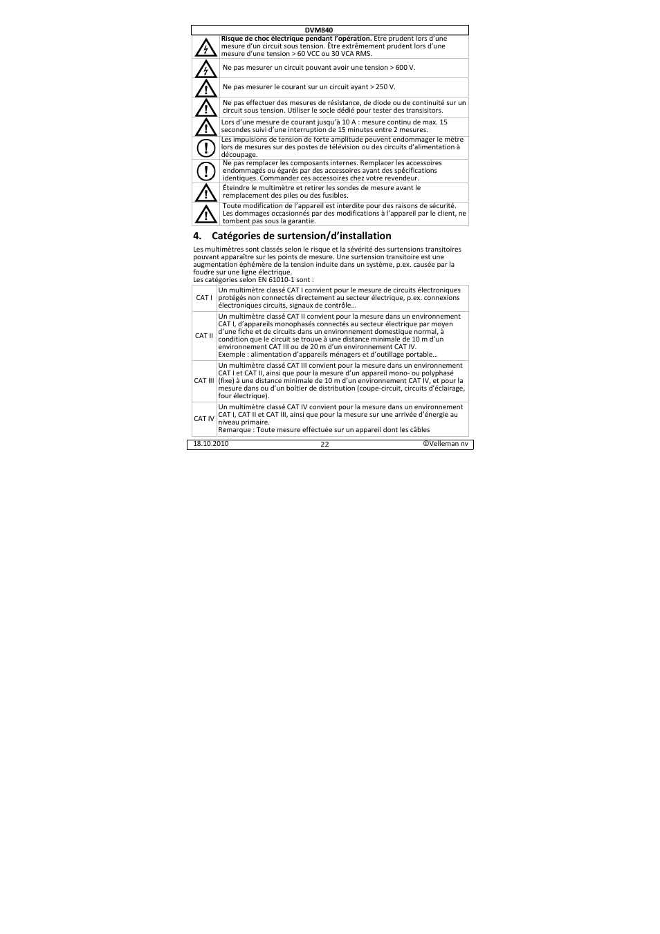 Tégories de su, Urtension/d’in, Nstallation | Velleman DVM840 User Manual | Page 22 / 49