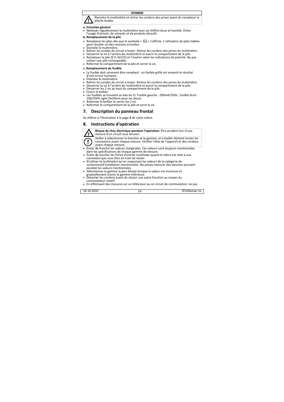 Scription du p, Structions d'o, Panneau fron | Pération | Velleman DVM840 User Manual | Page 24 / 49
