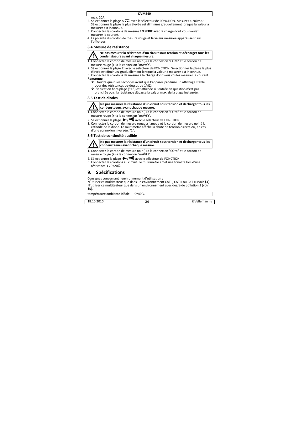Écifications | Velleman DVM840 User Manual | Page 26 / 49