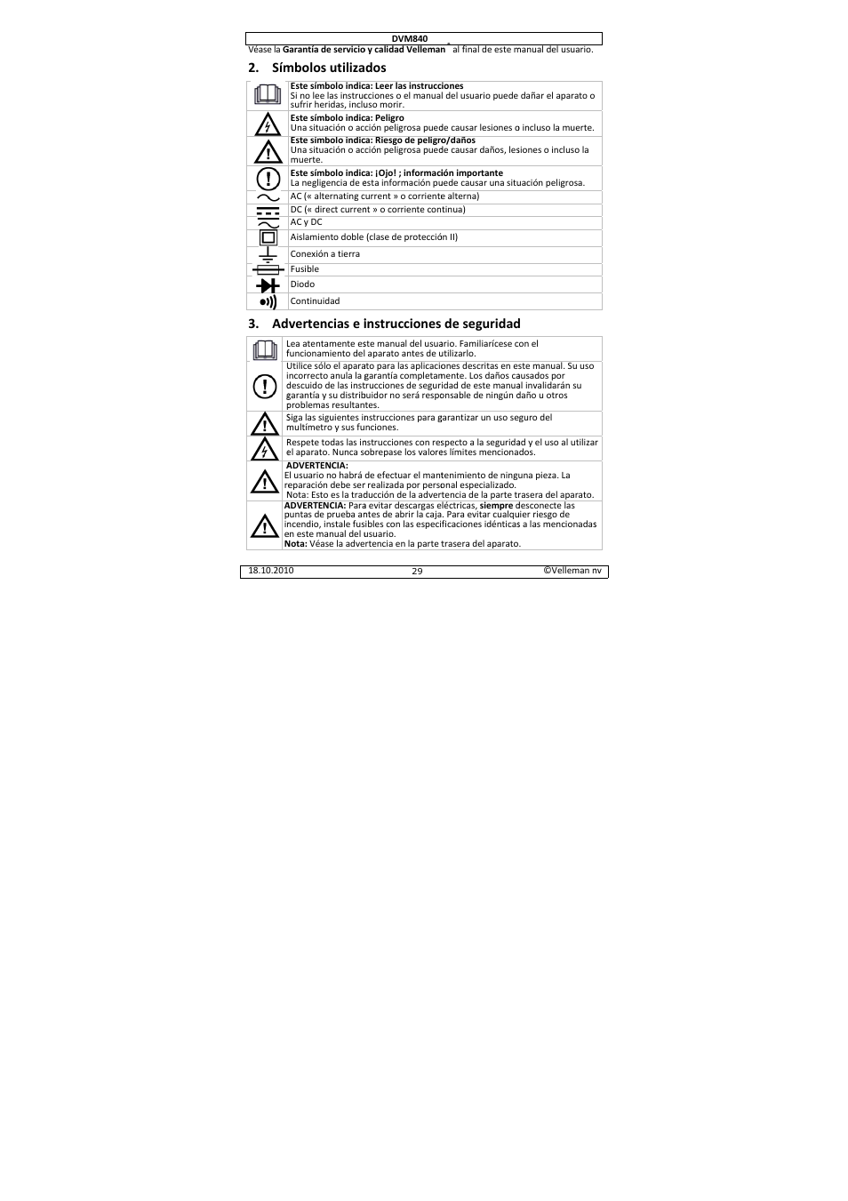 Mbolos utiliza, Vertencias e i, Instrucciones | De seguridad | Velleman DVM840 User Manual | Page 29 / 49