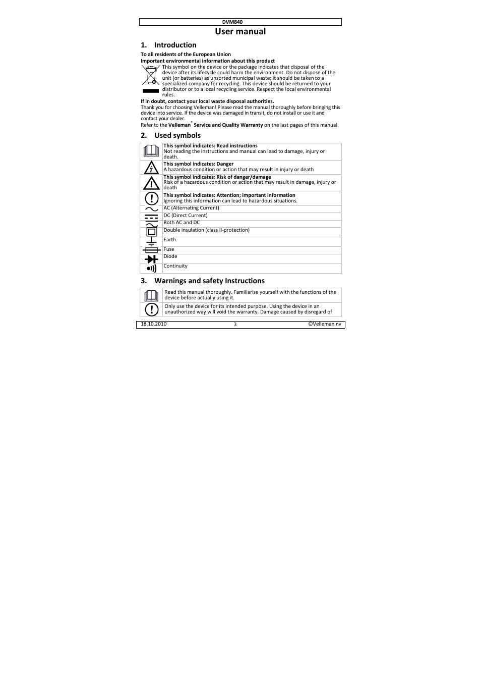 User man, Nual, Troduction | Ed symbols, Arnings and sa, Afety instruct, Tions | Velleman DVM840 User Manual | Page 3 / 49