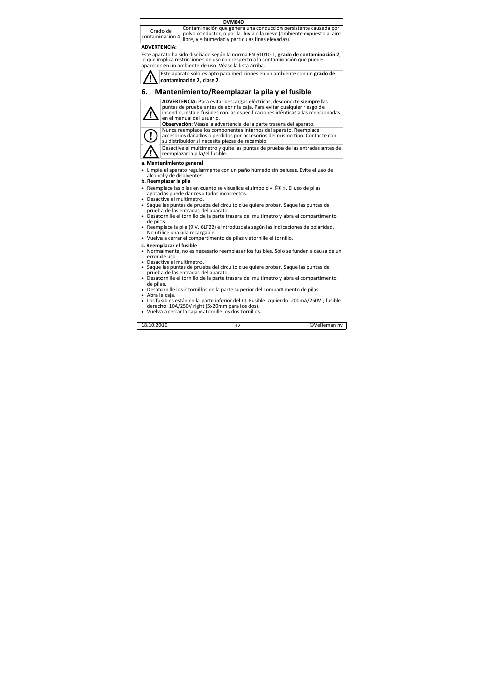 Antenimiento, Reemplazar, La pila y el fu | Usible | Velleman DVM840 User Manual | Page 32 / 49