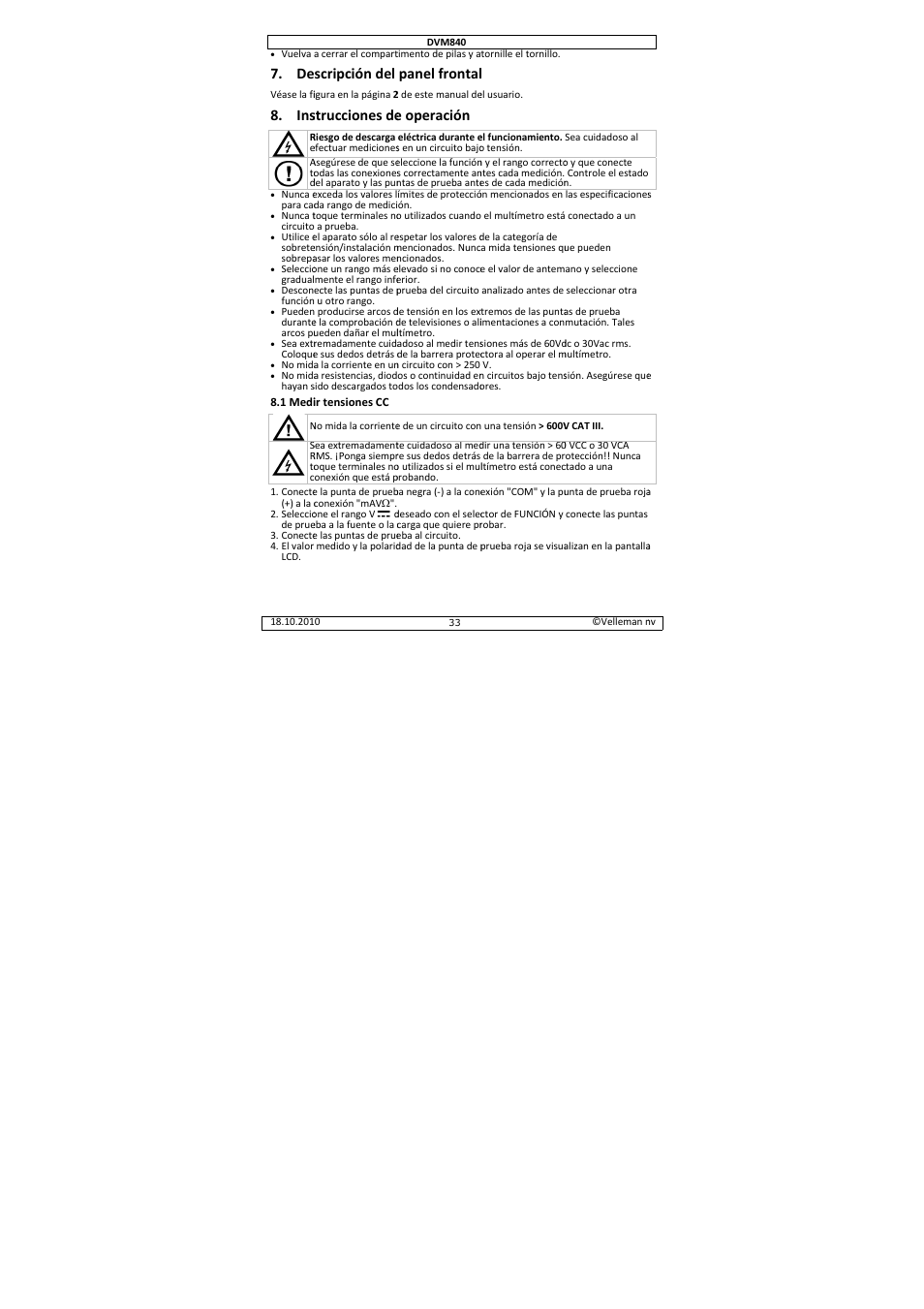 Scripción del, Strucciones de, Panel frontal | E operación | Velleman DVM840 User Manual | Page 33 / 49