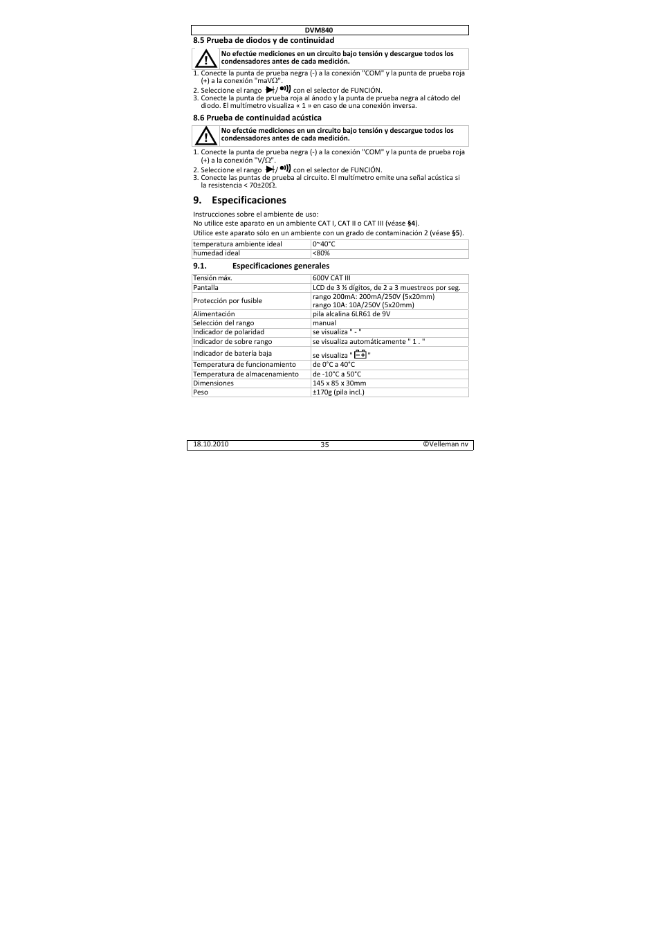 Pecificaciones | Velleman DVM840 User Manual | Page 35 / 49
