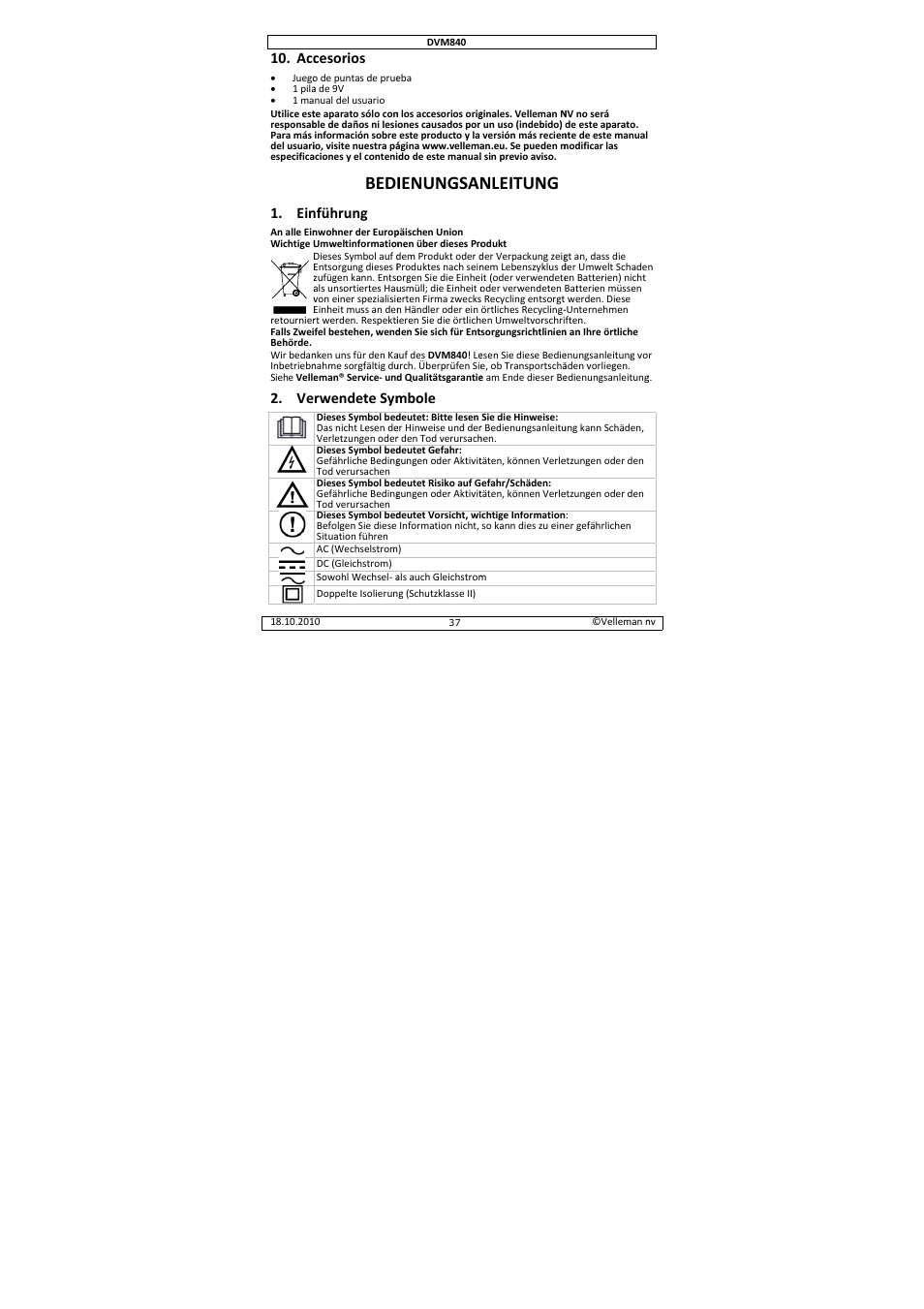 Bedi, Ienungsan, Nleitung | Cesorios, Nführung, Rwendete sym, Mbole | Velleman DVM840 User Manual | Page 37 / 49