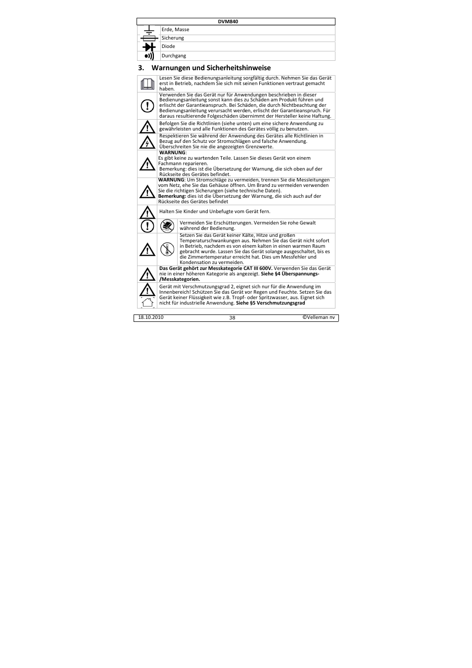 Arnungen und, D sicherheitsh, Inweise | Velleman DVM840 User Manual | Page 38 / 49