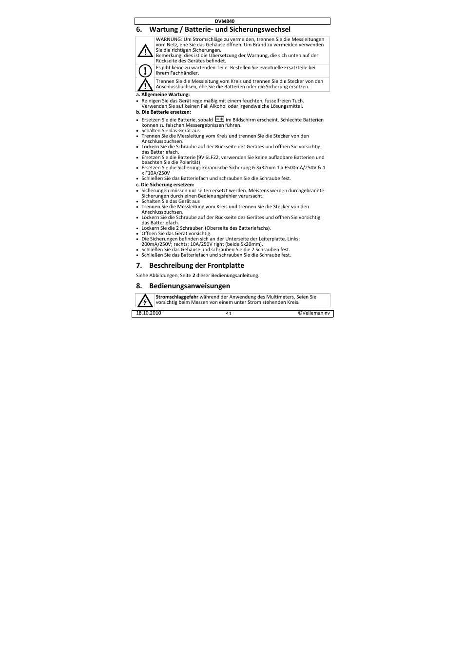 Artung / batte, Schreibung de, Dienungsanw | Erie‐ und sich, Er frontplatte, Weisungen, Erungswechs | Velleman DVM840 User Manual | Page 41 / 49