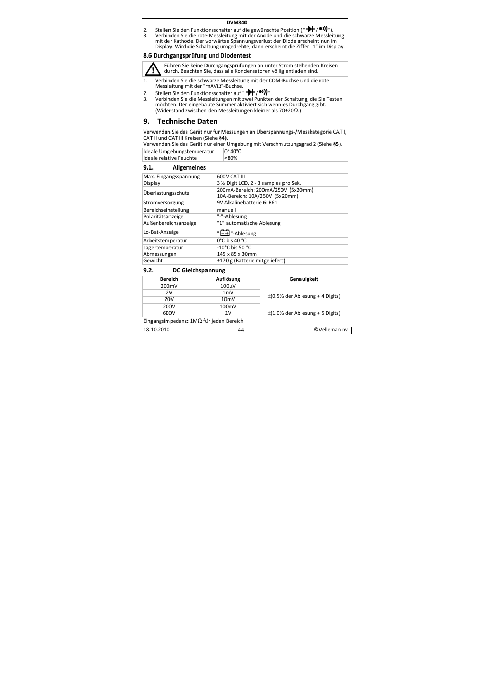 Chnische date | Velleman DVM840 User Manual | Page 44 / 49