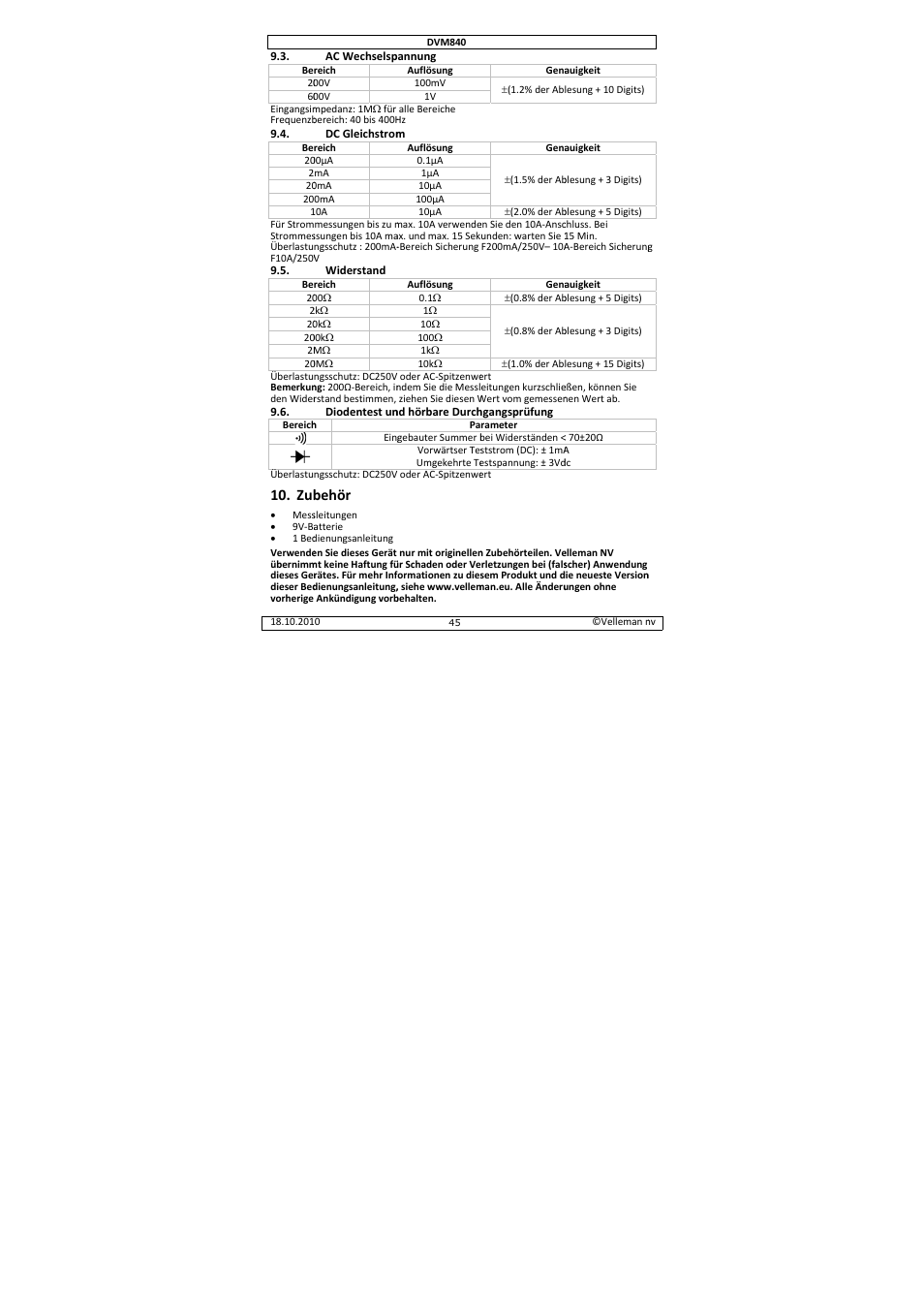 Behör | Velleman DVM840 User Manual | Page 45 / 49