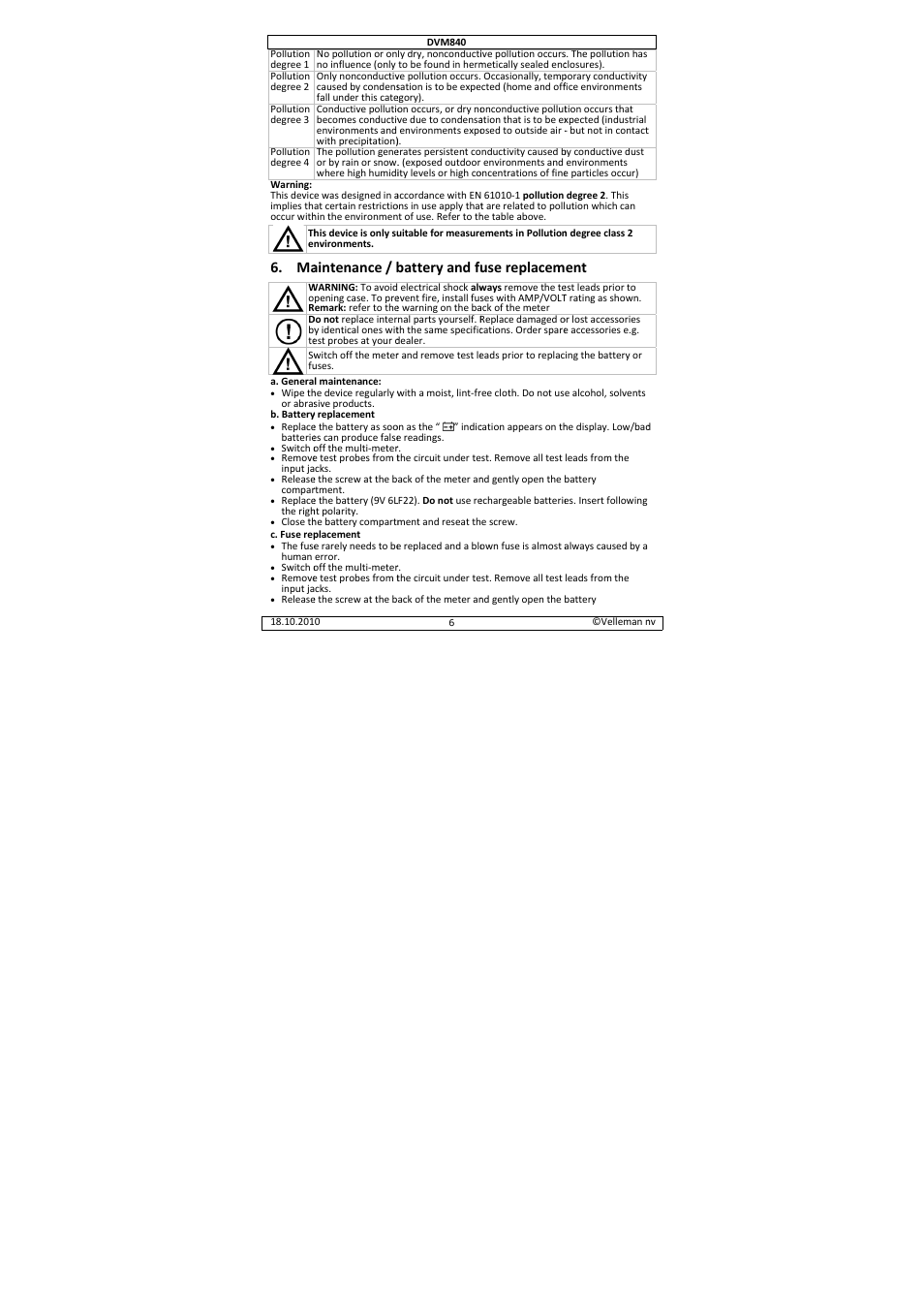 Aintenance / b, Battery and fu, Use replacem | Velleman DVM840 User Manual | Page 6 / 49