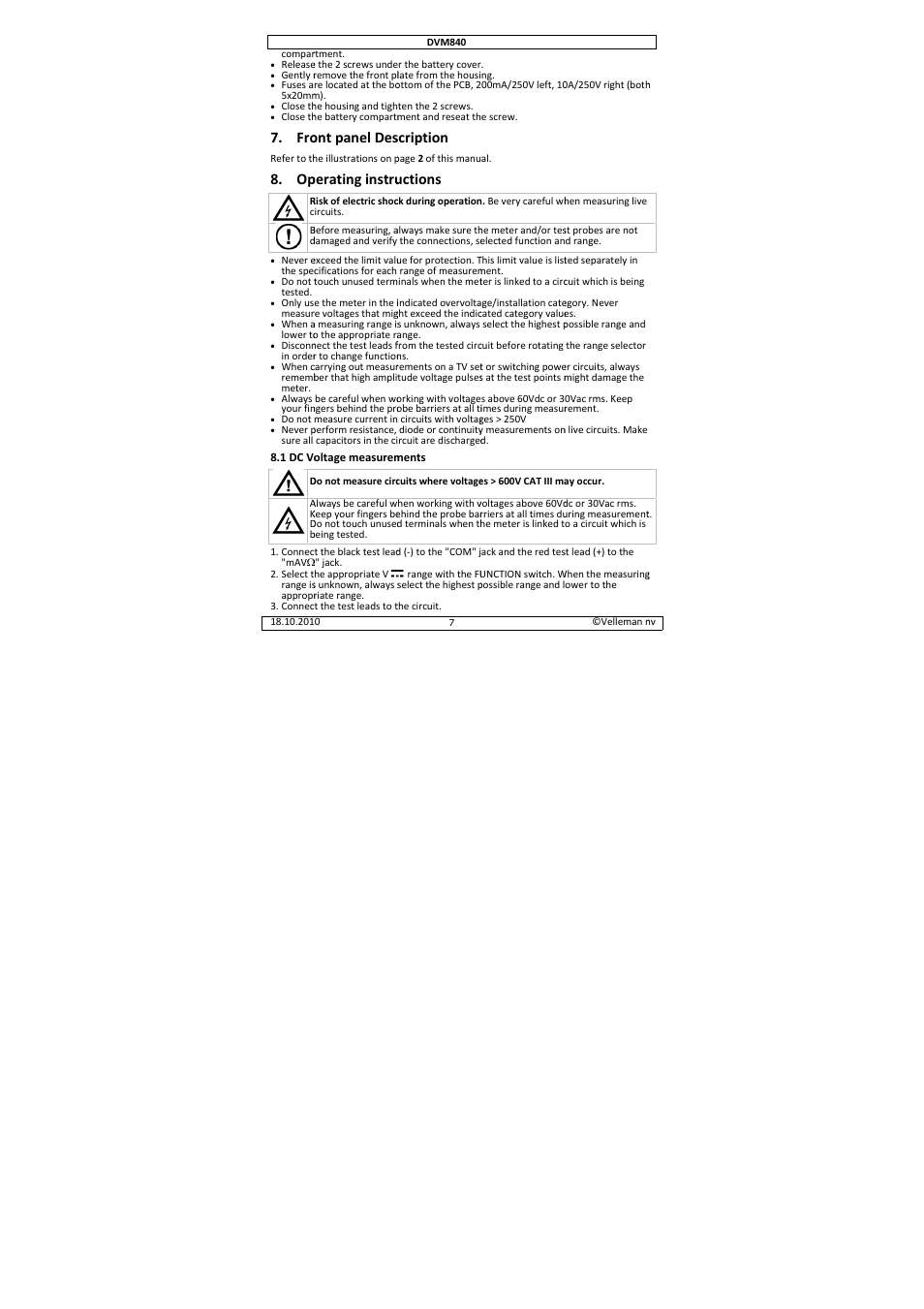 Ont panel des, Perating instru, Scription | Uctions | Velleman DVM840 User Manual | Page 7 / 49