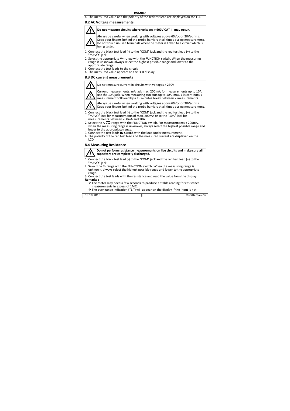 Velleman DVM840 User Manual | Page 8 / 49