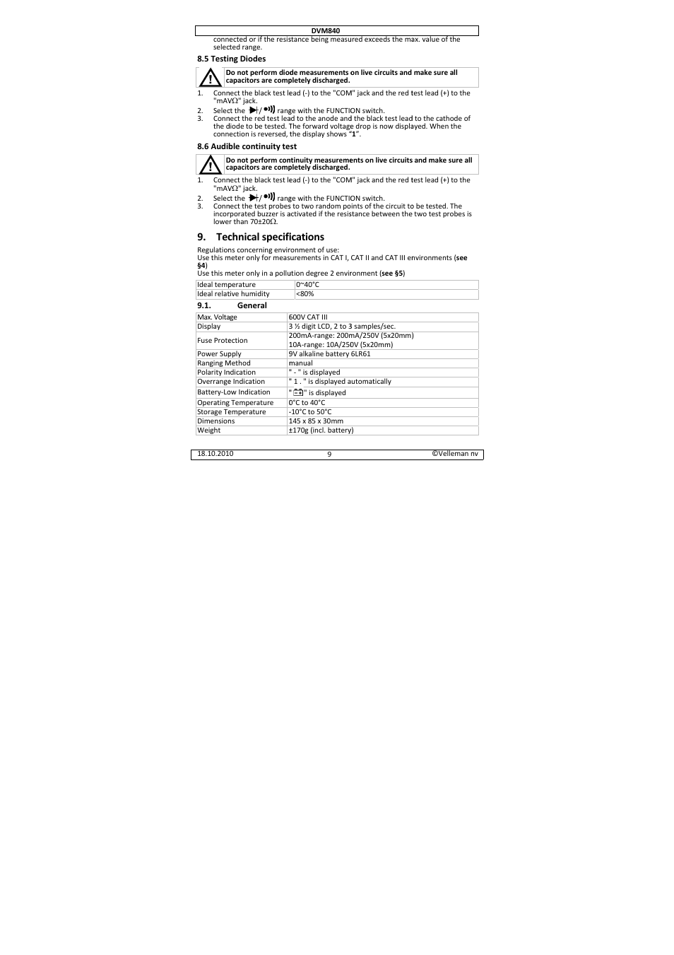 Chnical specifi, Ications | Velleman DVM840 User Manual | Page 9 / 49