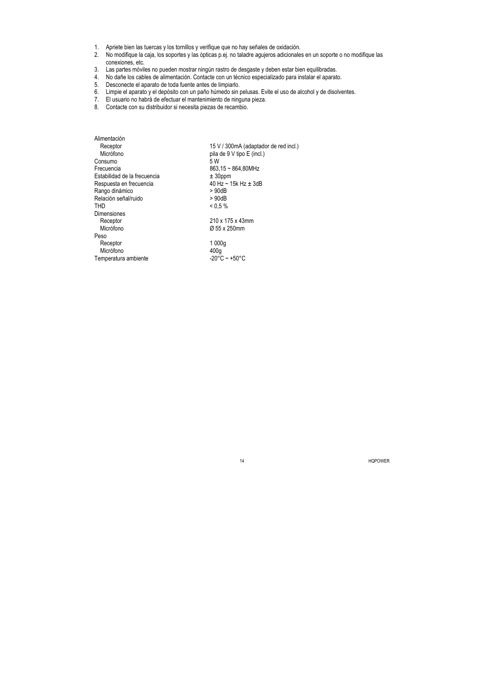 Limpieza y mantenimiento, Especificaciones | Velleman MICW50 User Manual | Page 14 / 20