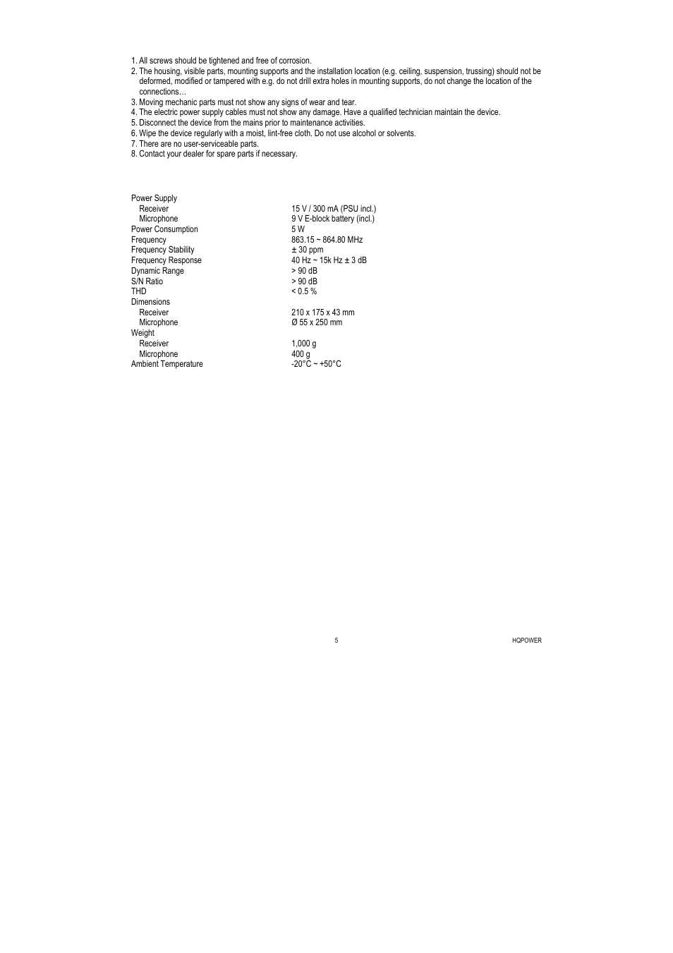 Cleaning and maintenance, Technical specifications | Velleman MICW50 User Manual | Page 5 / 20