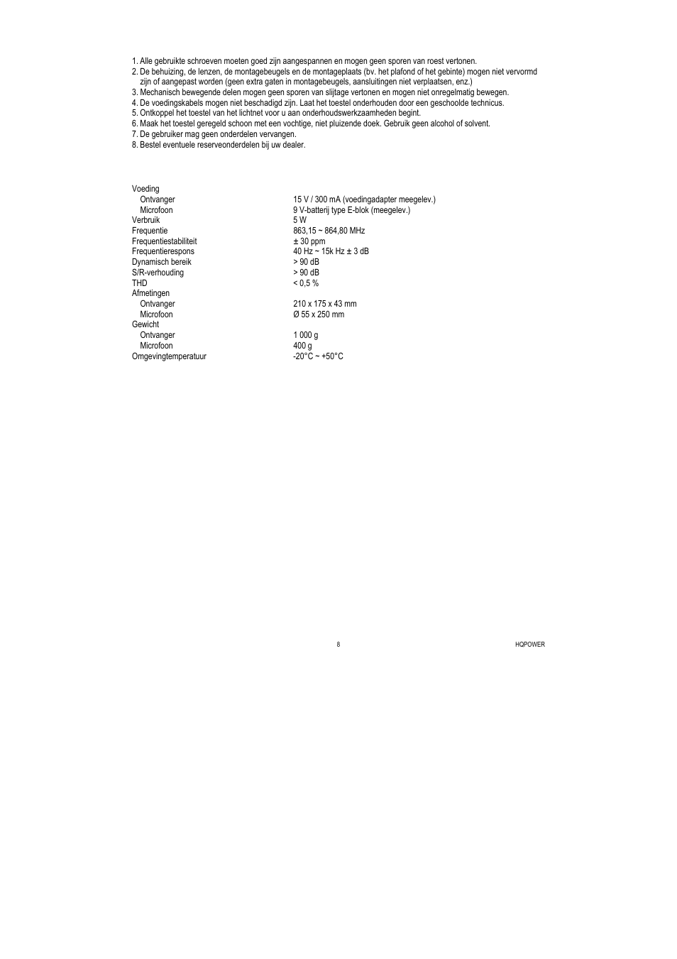 Reiniging en onderhoud, Technische specificaties | Velleman MICW50 User Manual | Page 8 / 20