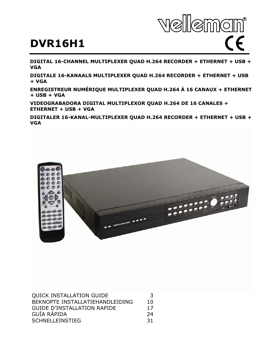 Velleman DVR16H1 Quick Installation Guide User Manual | 39 pages