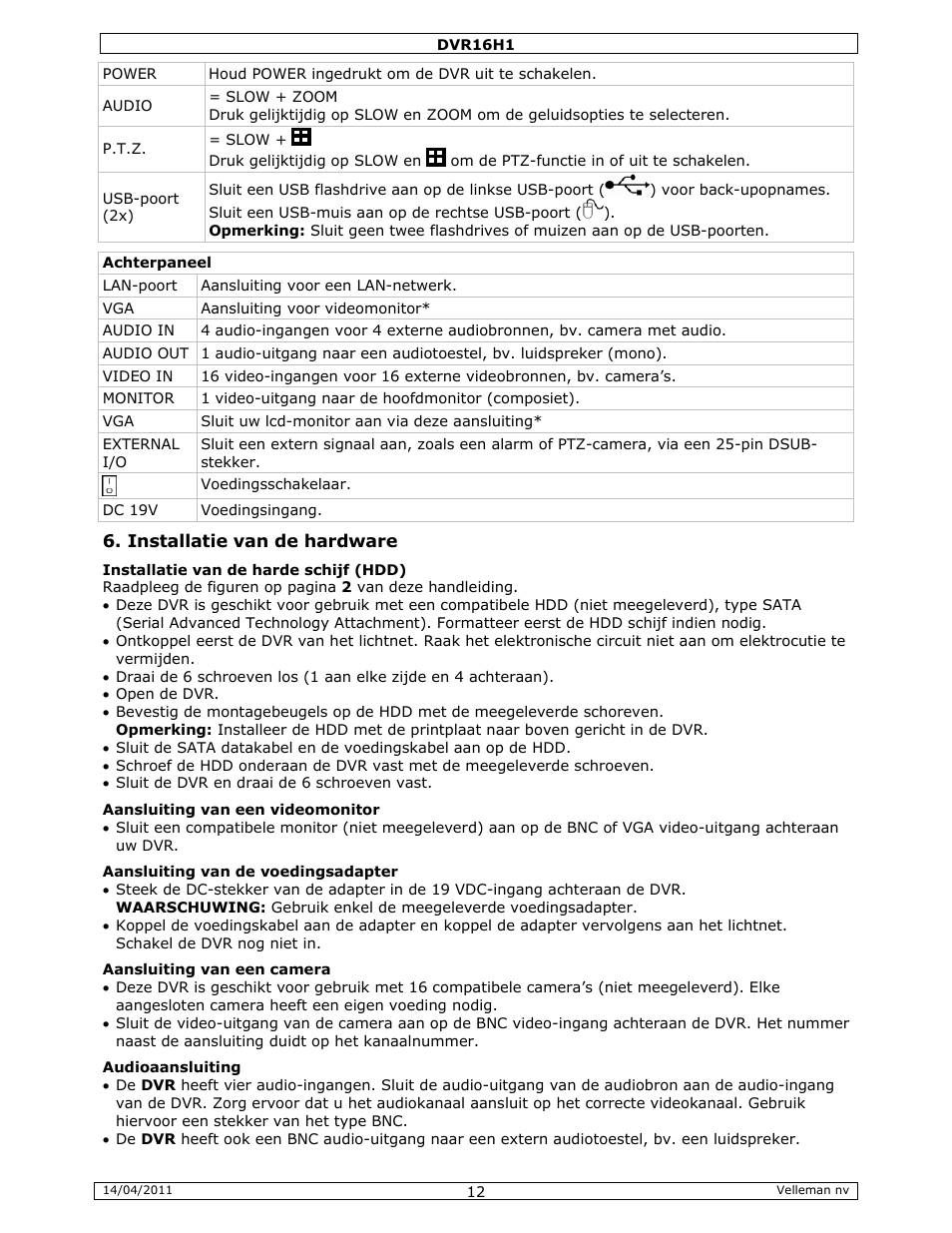 Velleman DVR16H1 Quick Installation Guide User Manual | Page 12 / 39