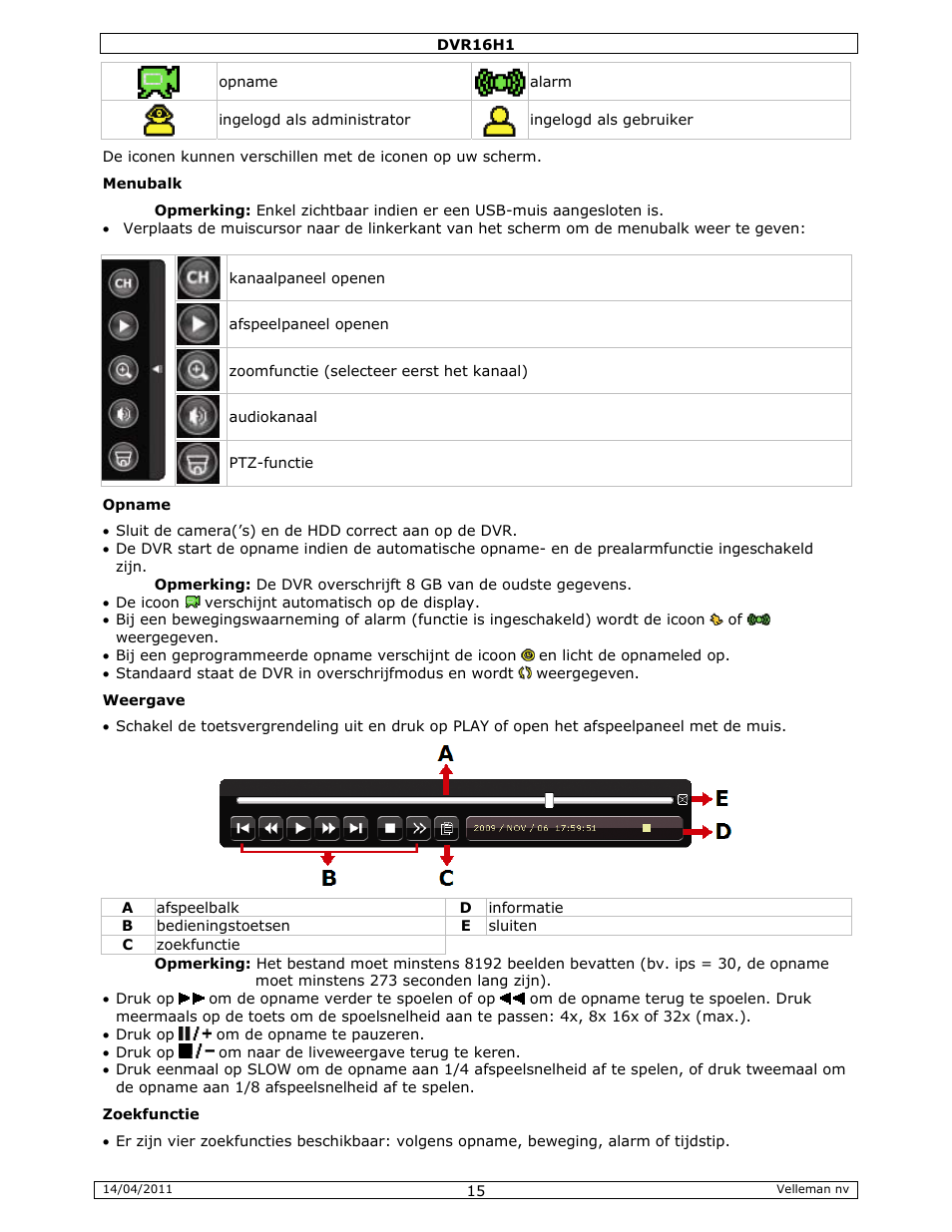 Velleman DVR16H1 Quick Installation Guide User Manual | Page 15 / 39