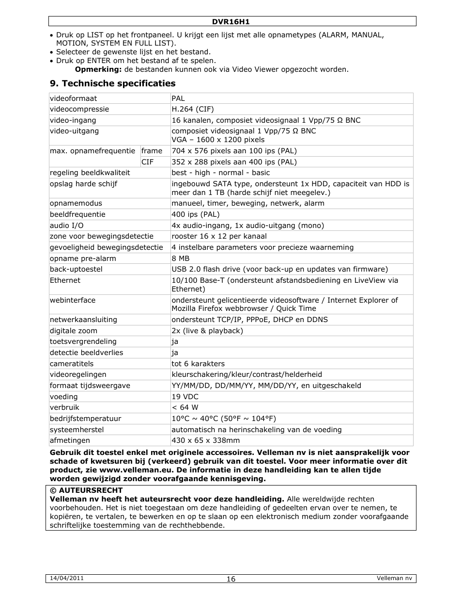 Velleman DVR16H1 Quick Installation Guide User Manual | Page 16 / 39