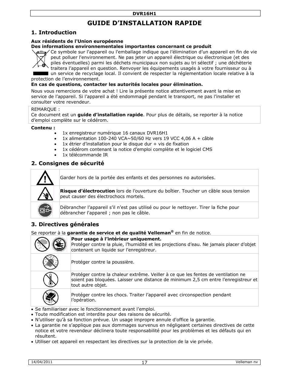 Guide d'installation rapide, Guide d’installation rapide | Velleman DVR16H1 Quick Installation Guide User Manual | Page 17 / 39