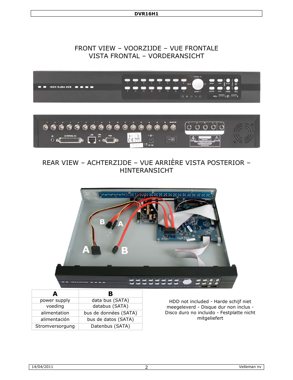 Velleman DVR16H1 Quick Installation Guide User Manual | Page 2 / 39