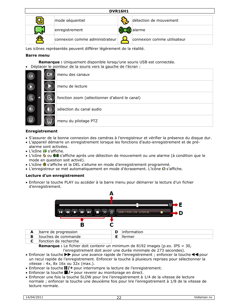 Velleman DVR16H1 Quick Installation Guide User Manual | Page 22 / 39