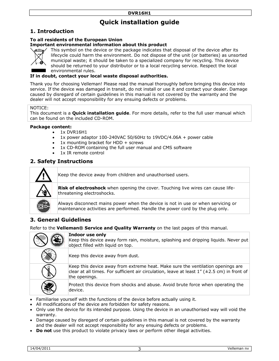 Quick installation guide, Introduction, Safety instructions | General guidelines | Velleman DVR16H1 Quick Installation Guide User Manual | Page 3 / 39