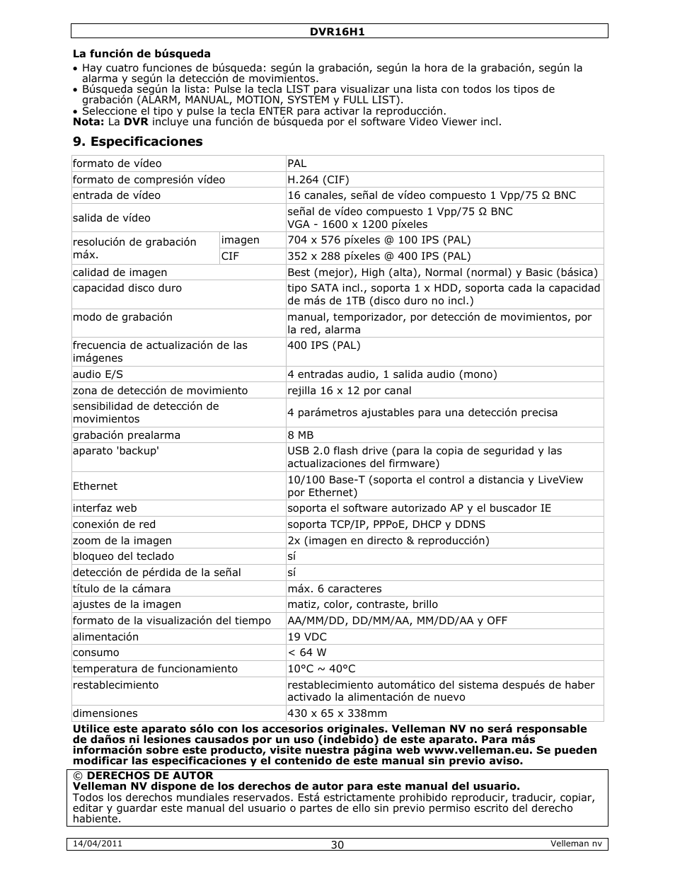 Velleman DVR16H1 Quick Installation Guide User Manual | Page 30 / 39