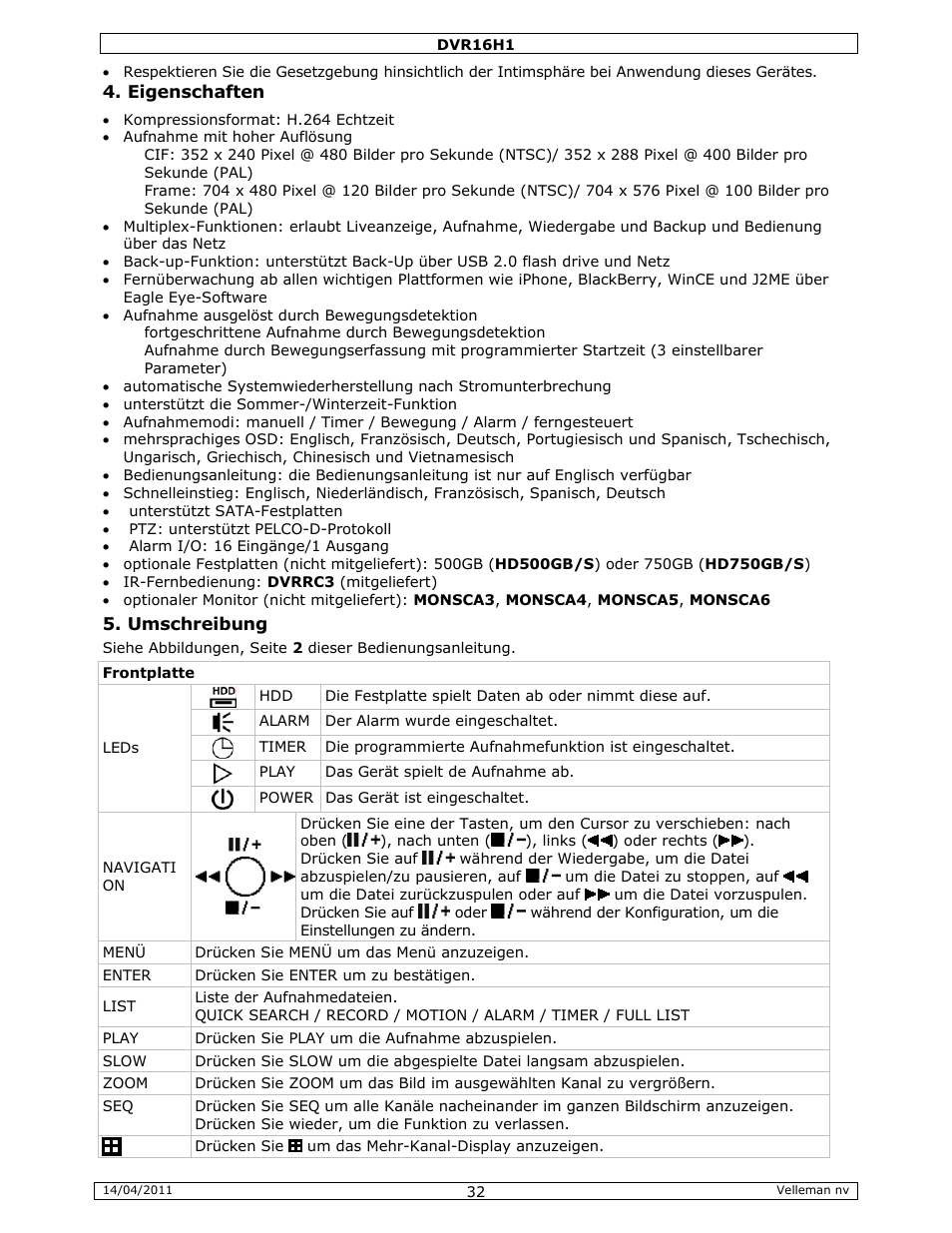 Velleman DVR16H1 Quick Installation Guide User Manual | Page 32 / 39