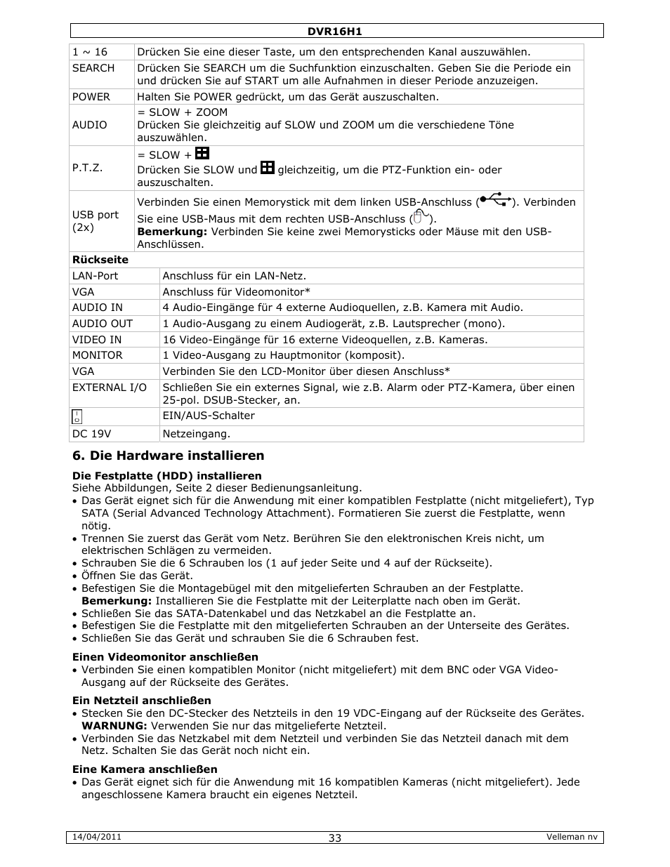 Velleman DVR16H1 Quick Installation Guide User Manual | Page 33 / 39