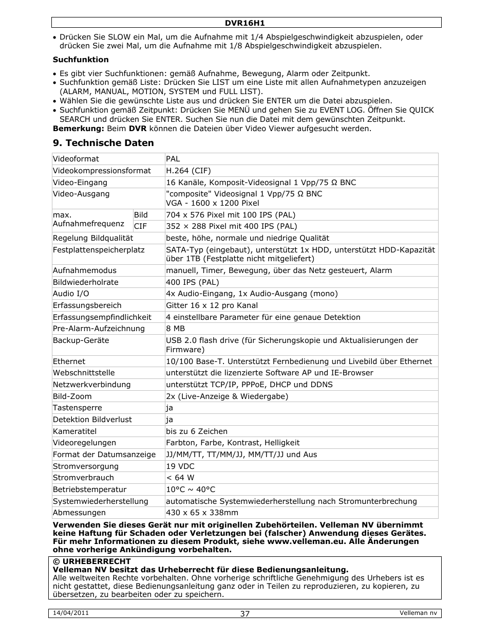 Velleman DVR16H1 Quick Installation Guide User Manual | Page 37 / 39