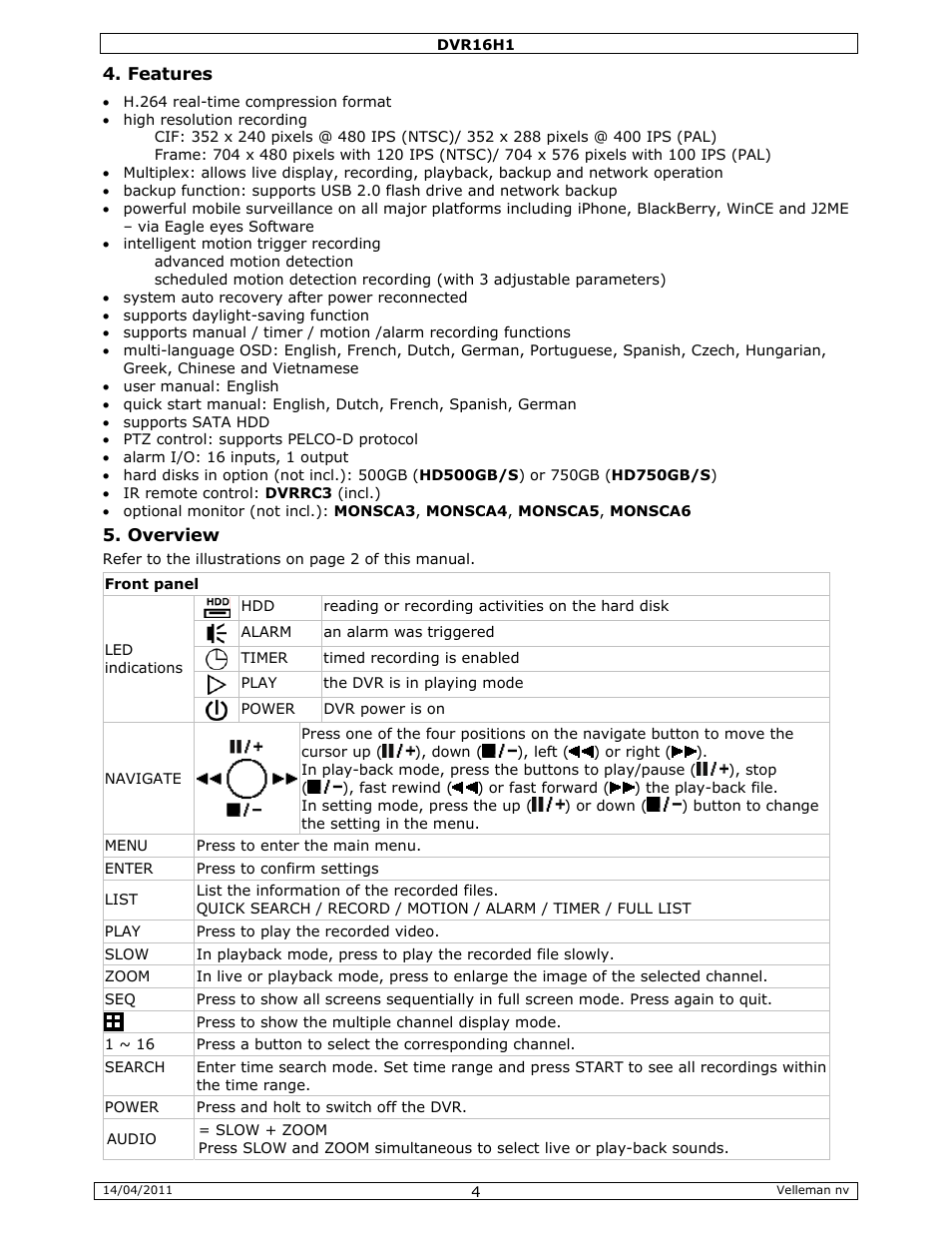 Velleman DVR16H1 Quick Installation Guide User Manual | Page 4 / 39