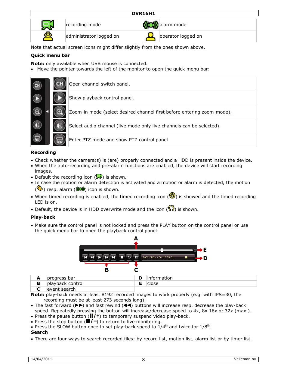 Velleman DVR16H1 Quick Installation Guide User Manual | Page 8 / 39